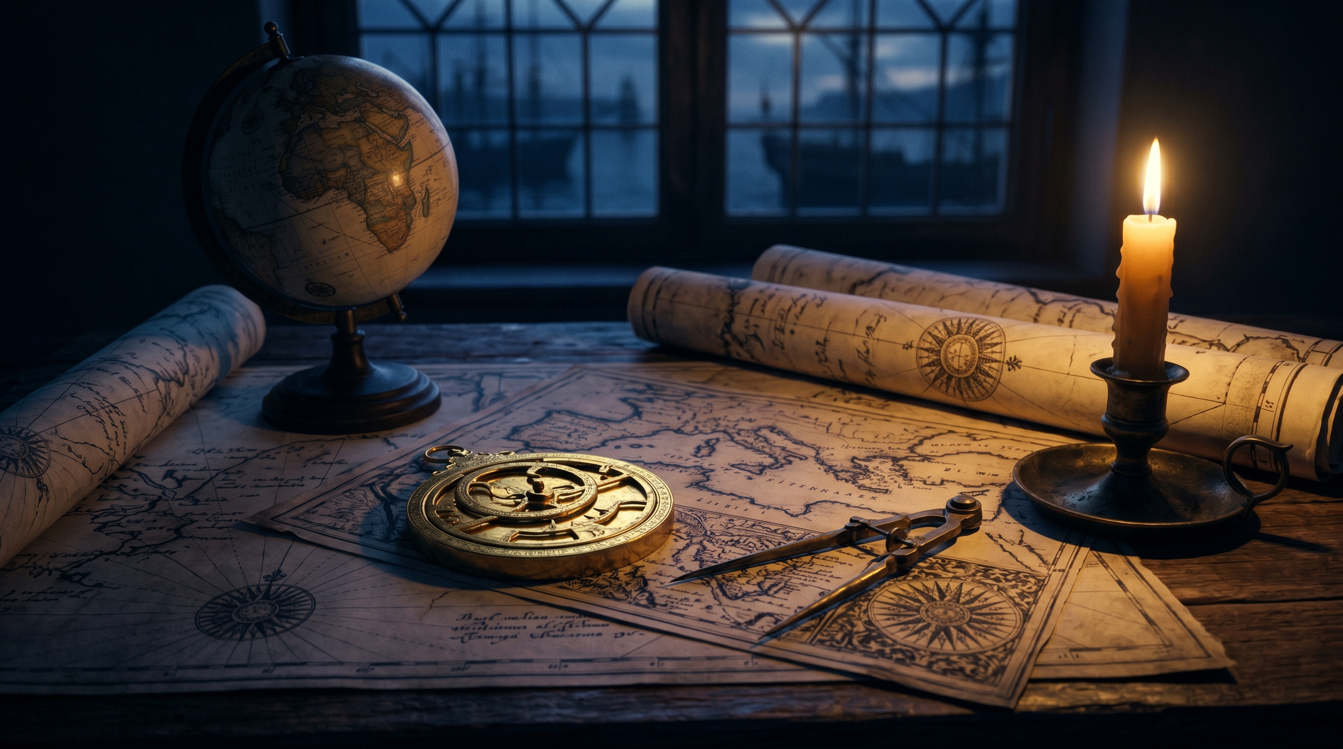 A navigator's desk — charts, an astrolabe, a globe, a candle at dusk