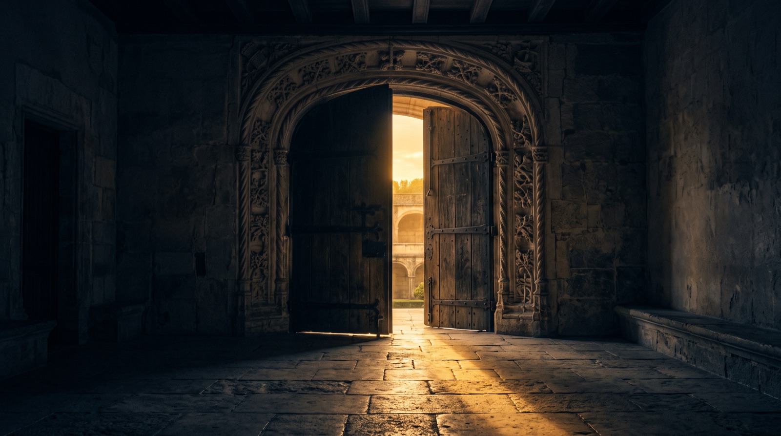 An ancient door standing ajar, dawn light spilling across the stone floor
