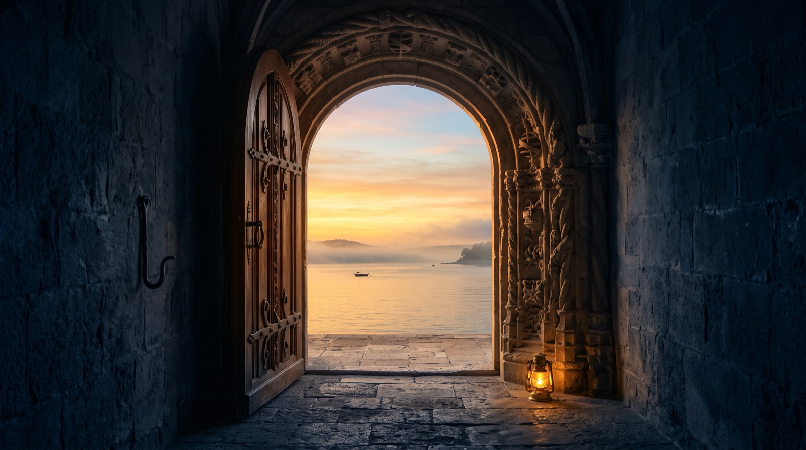 An arched doorway held open onto a dawn sea, a lantern left glowing by the threshold